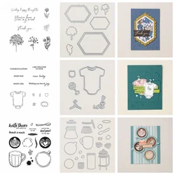 Flower Frame Baby Cloth Tea Cups Metal Cutting Dies Cursive Words Wishes Clear Stamps for DIY Scrapbooking Paper Cards Craft