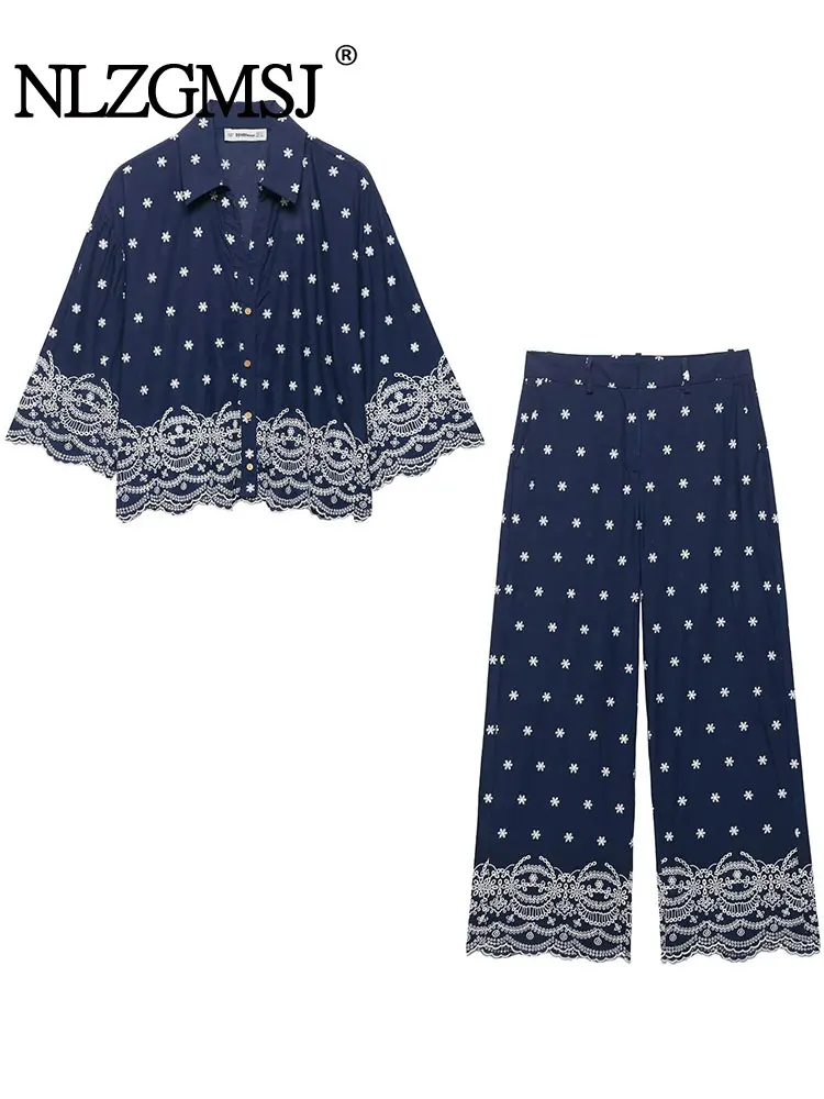 

2025 Summer Women's Outfit Office Shirt Pants Set Embroidered Shirt Straight Leg Pants Casual Women Sets