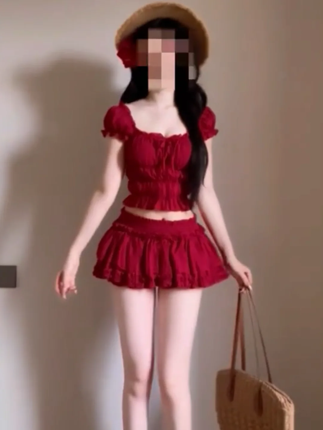 

Sexy Retro Red Square Collar Short Sleeve Knot Top with A-Line Puffy Skirt Two-Piece Set for Young Women Summer Fas...