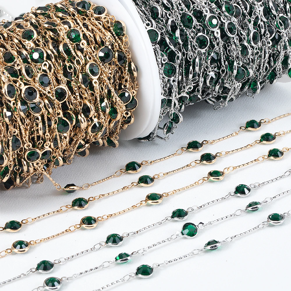 1meter Crystal Beads Copper Stick Chains Dark Green Glass Beads Chain for DIY Necklace Bracelet Making Jewelry Findings Supplies