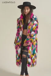 Women Faux Fur Long Coat Rainbow Colorful Fashion Faux Fox Fur Autumn Winter Lady Casual Street Warm Quality 2023 Cloth