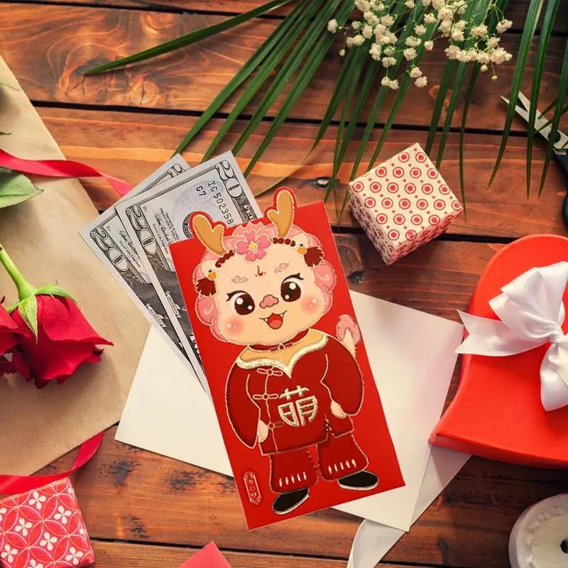 Chinese New Year Red Envelopes Lucky Money Red Envelopes 6 Pcs Gold Foil Thick Durable Cute Cartoon Red Packets Lunar Year Decor