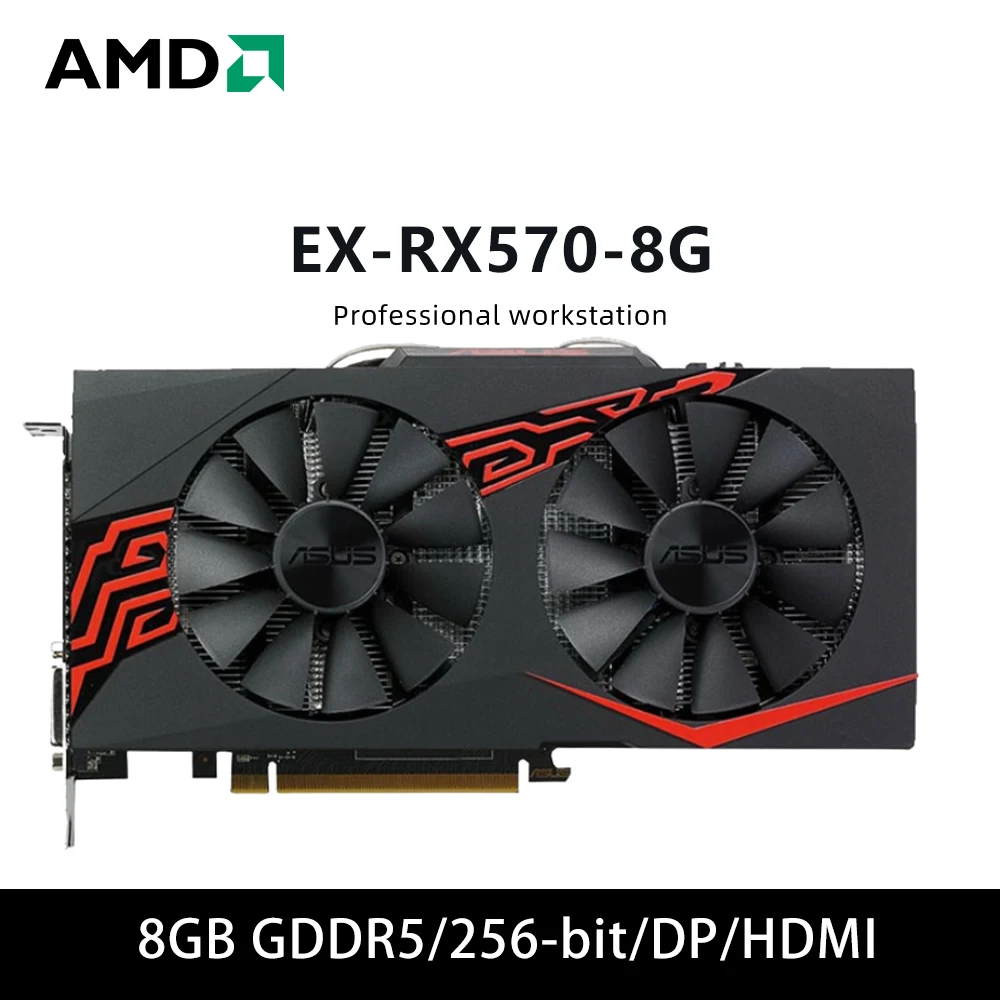 بطاقة رسومات ASUS AMD EX RX570 8G GDDR5 8GB 256bit 570، تبريد مزدوج المروحة، تصميم صامت، أداء عالي لألعاب الكمبيوتر/الفيديو
