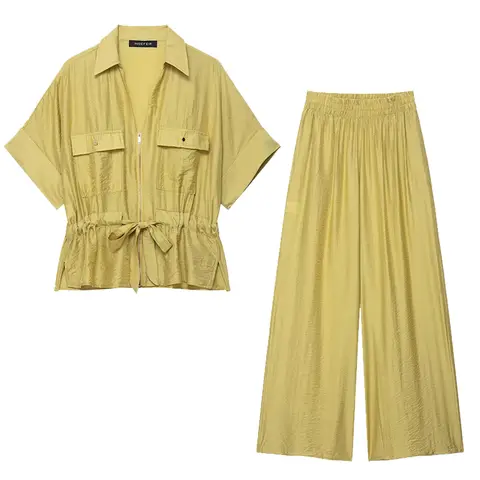 Set med vida ben, 2-delade set för kvinnor, outfits 2025, nytt mode, kortärmad skjorta, damkostym, casual, tvådelat set 12 best sales Zara 2-delat set - №8