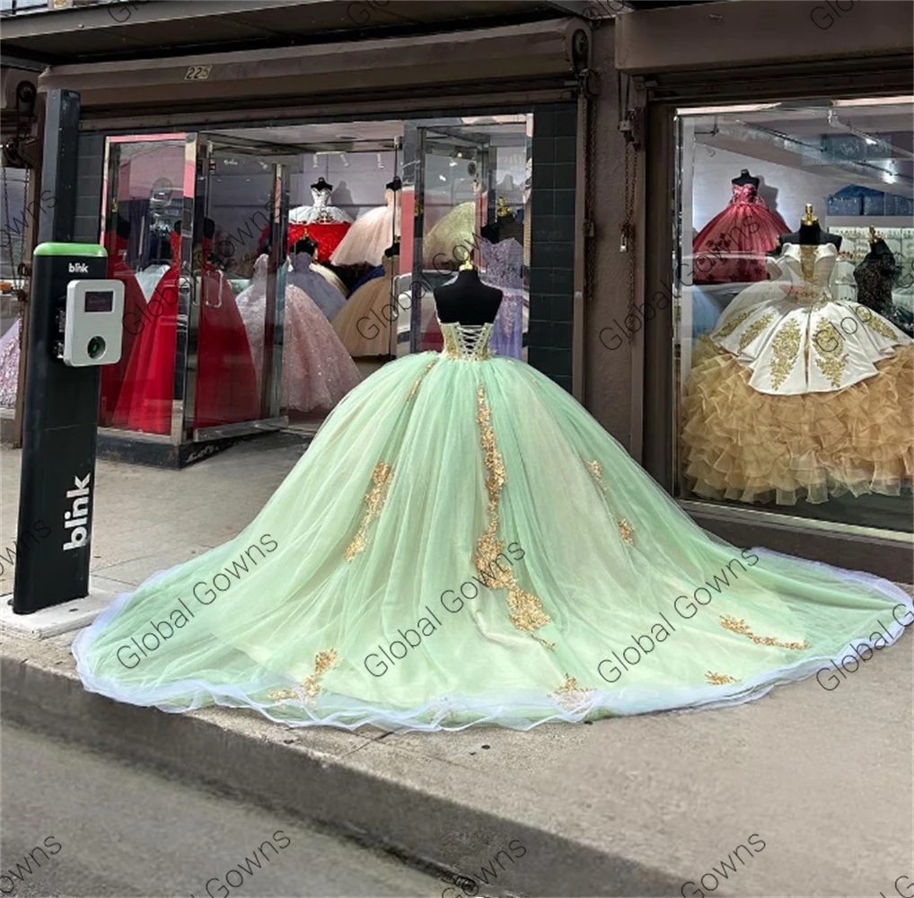 Vestido De baile De quinceañera, traje largo con apliques De cuentas, color verde hierba, con cordones, para fiesta De cumpleaños, 15 Años