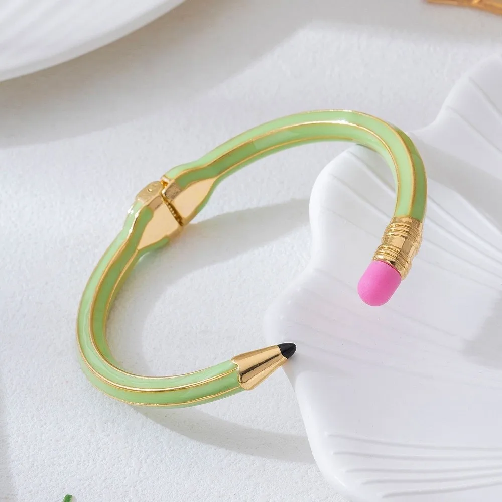 Vibrant Color Enamel Pencil Shaped Bracelet C-Shaped Open Cuff Cute Eraser Detail Enamel Cuff Bangle Flexible Spring Hinge