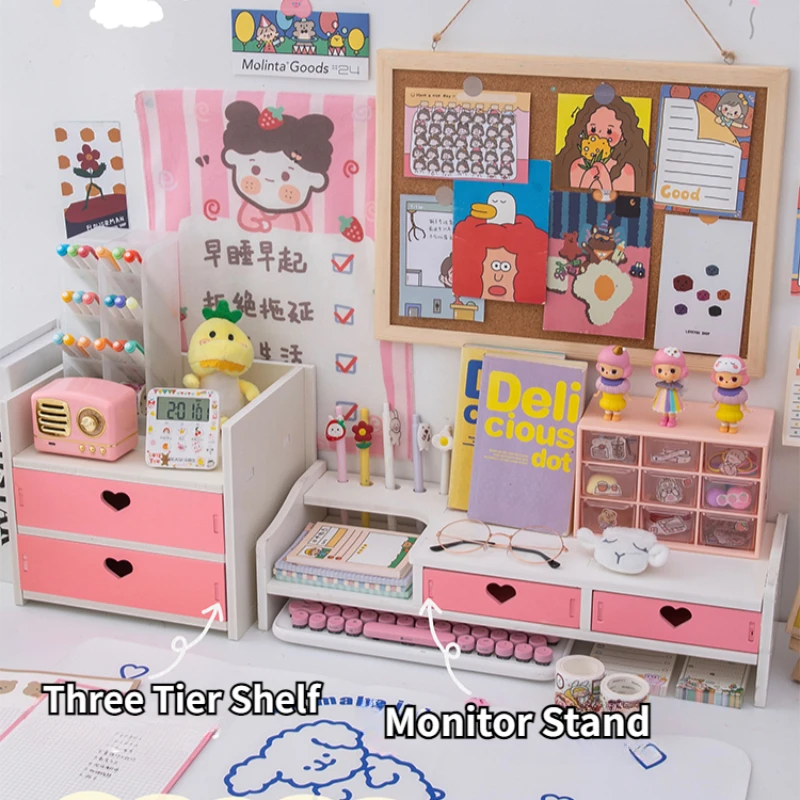 Imagem -05 - Kawaii Desktop Monitor Stand Computador de Madeira Portátil Elevado Suporte com Gavetas Organizador de Armazenamento de Mesa Rosa Bonito Suporte do Monitor