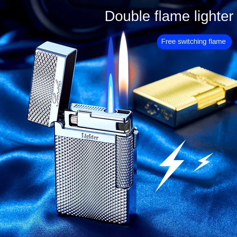 Retro Langs heng Dual Fire wind dichte Metall turbine Feuerzeug Butan gas Feuerzeug Zigaretten anzünder Geschenk Gadgets für Männer 2024 neu