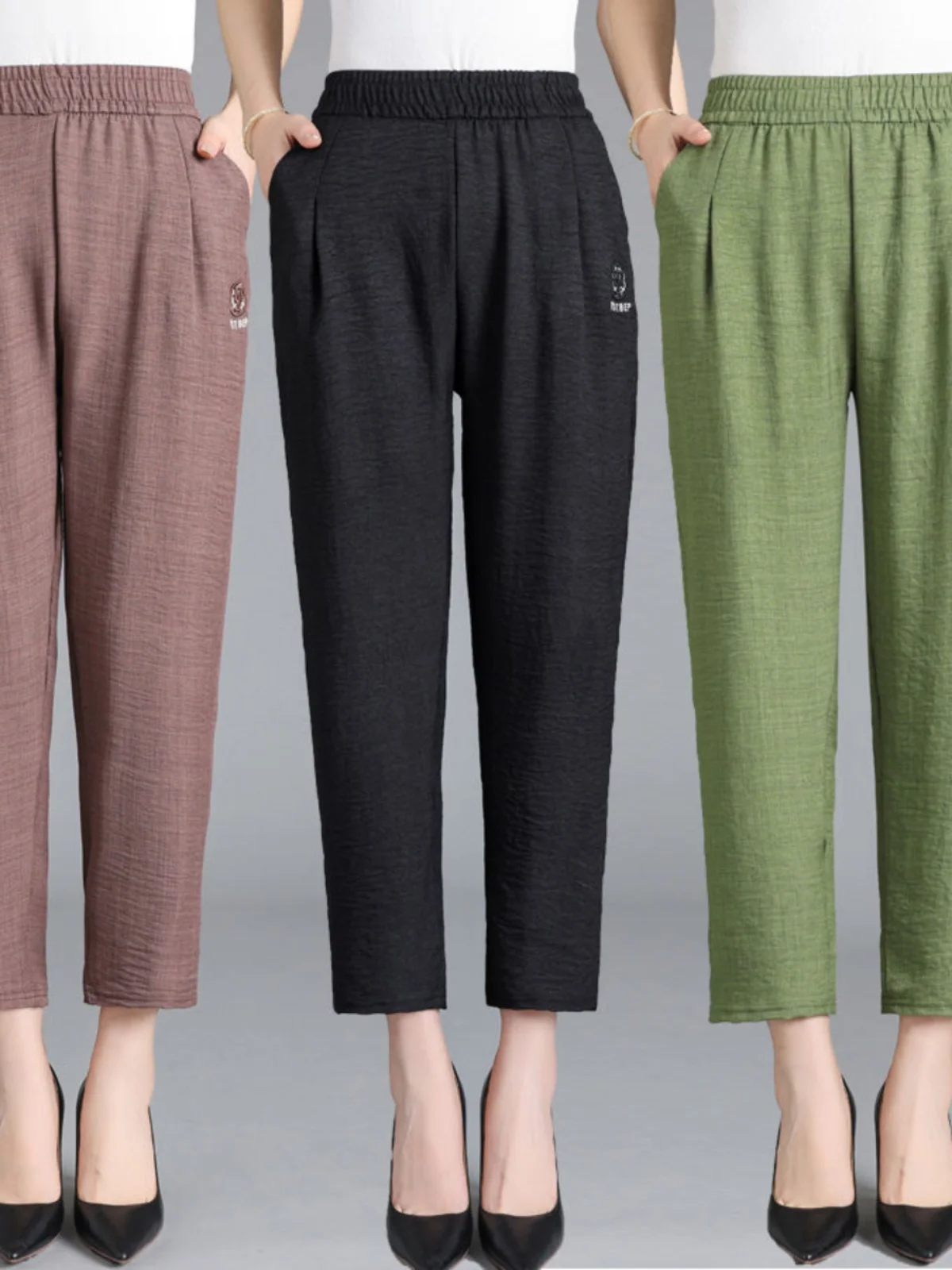 

Summer Thin Ice Silk High Waist Loose Casual Mom Pants for Middle-Aged And Elderly Women Nine-Piece Straight Leg Trousers