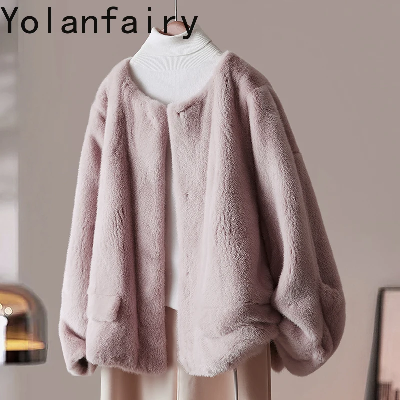 YOLANFAIRY معطف الفرو الحقيقي امرأة الطبيعية كاملة فرو المنك سترات للنساء الشتاء موضة س الرقبة معاطف الفرو الوردي Casaco Feminino