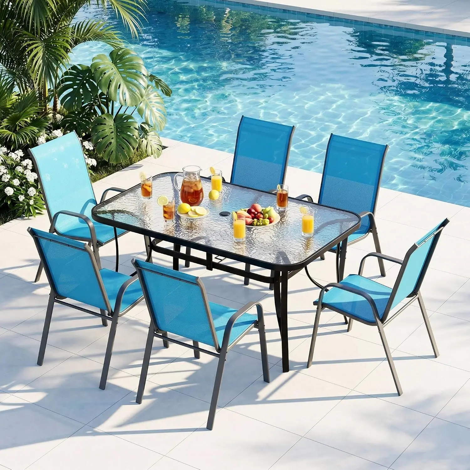 7-Piece Outdoor Glass Table and Textilene Stackable Chairs for 6, Customized