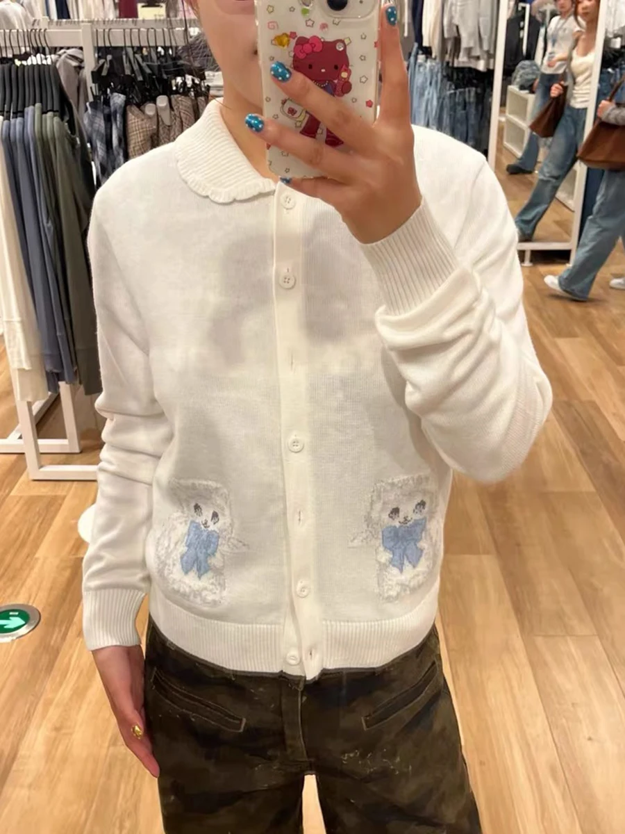 لطيف الكلب التطريز سترة سترة المرأة ترتيب الأسرة طوق واحدة الصدر طويلة الأكمام الحلو عادية رمادي قصير تريكو Y2k جديد