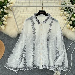 Vintage Embroidered Mesh Casual Long Sleeve Polo-Neck Top Chic Women Single Breasted Streetwear Korean Fashion Autumn Blouse