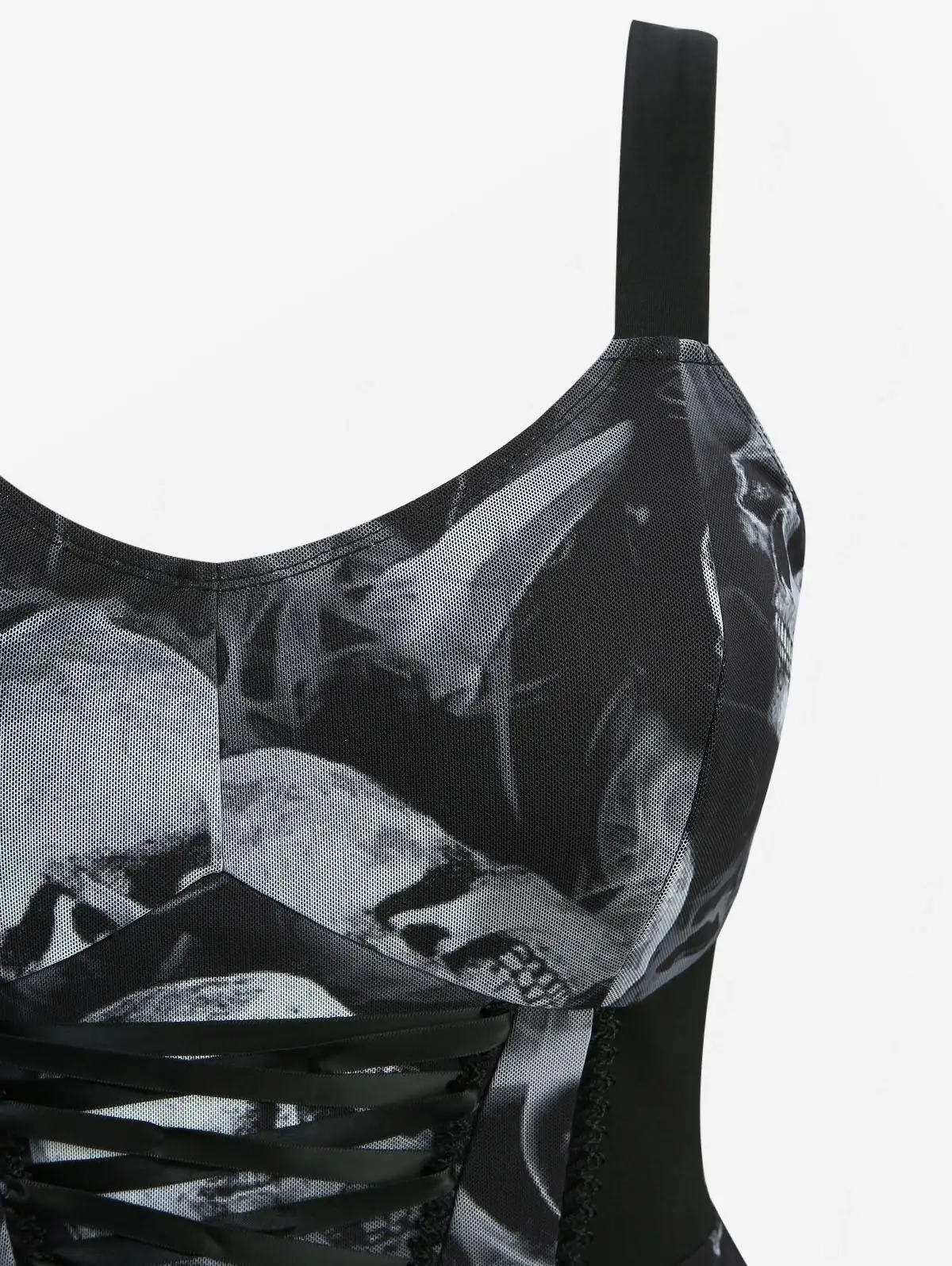ROSEGAL Vestidos góticos para mujer de talla grande con estampado de humo y calavera ombré, vestido sin mangas asimétrico en capas con cordones de malla