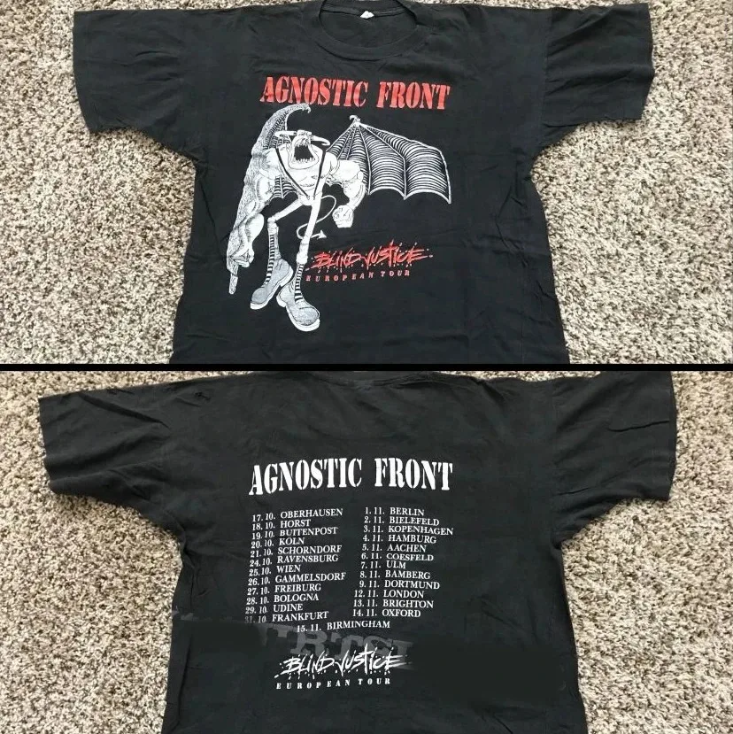 

Vintage 90s Agnostic Front Blind Justice Tour 1990 T-shirt high quality hot product Streetwear Trendy Cotton Couples Comfortable