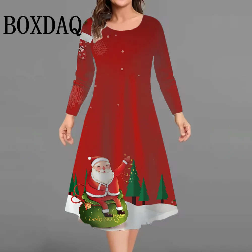 حجم كبير فستان المرأة شجرة عيد الميلاد طويلة الأكمام س الرقبة عيد الميلاد ثلج ثلاثية الأبعاد مطبوعة فستان فضفاض غير رسمي Vestidos امرأة الملابس الشتوية