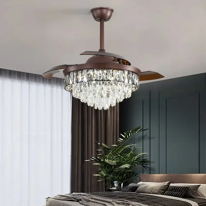 

42 Inch Crystal Ceiling Fans Light Led Chandeliers Invisible Blades Living Room Bedroom Remote Control Pendant Lights Fan Lamps