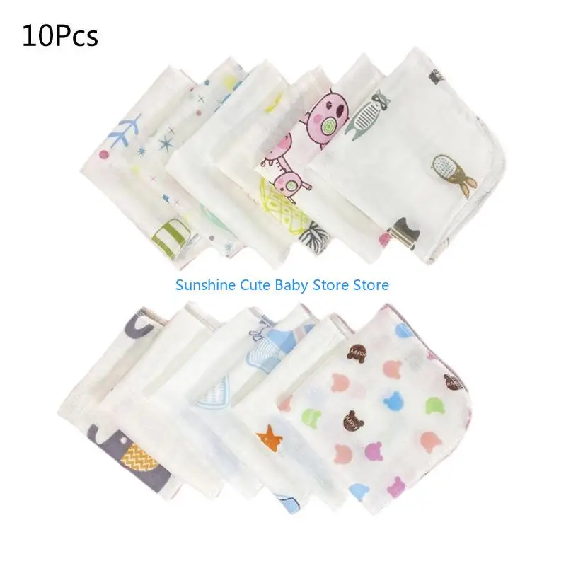 C5AF 10 Buah Set Kain Lap Bayi Kartun Lapisan Ganda Kain Kasa Handuk Wajah Bayi Kain Sendawa