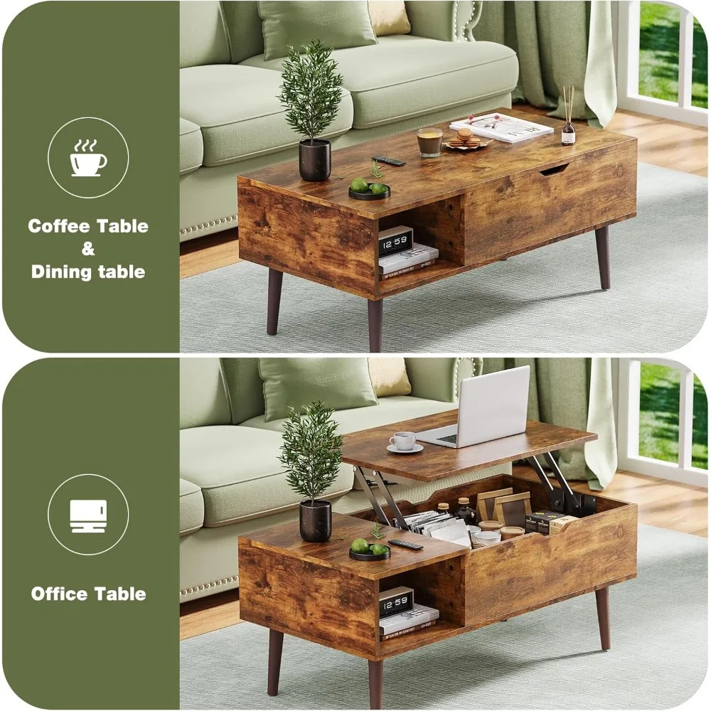 Mesa de centro elevadora moderna, mueble de madera con estante de almacenamiento y compartimento oculto para sala de estar y oficina, color marrón