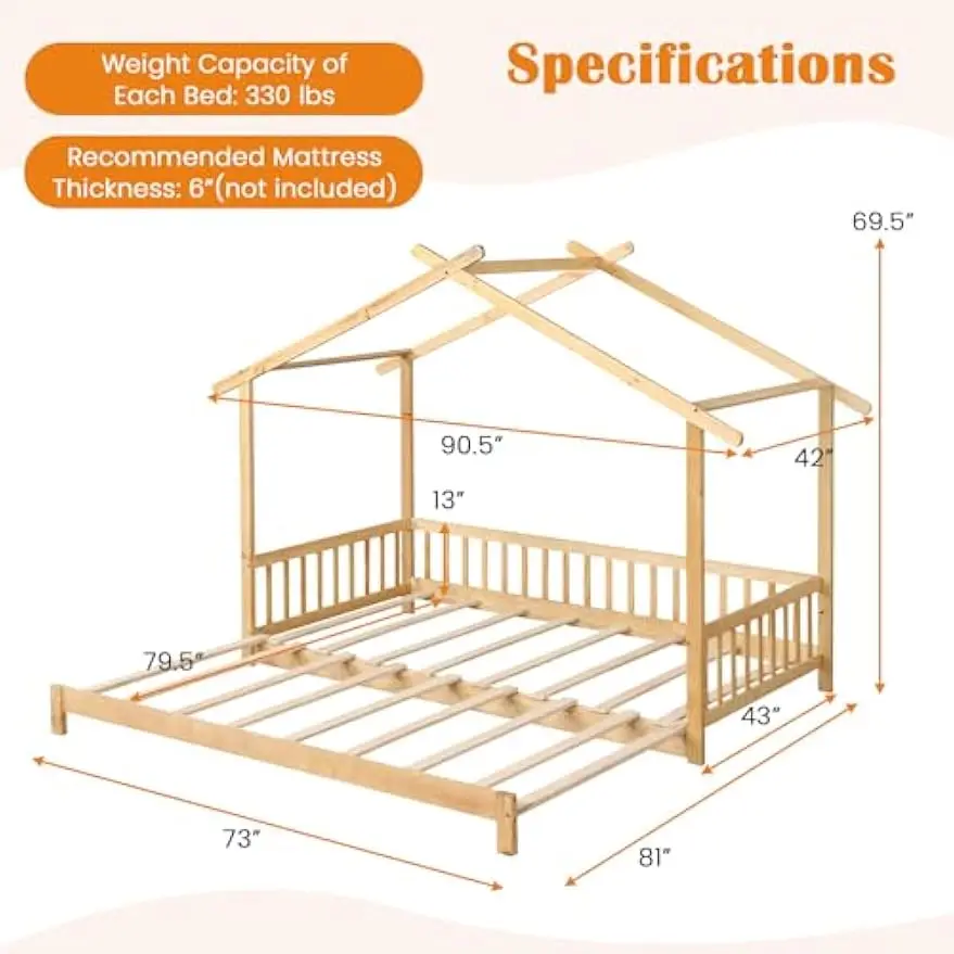 KOMFOTT Wood Extendable House Bed, Twin to King House Daybed with Safety Rails & Decorable Roof, Montessori Daybed, No Box Sprin