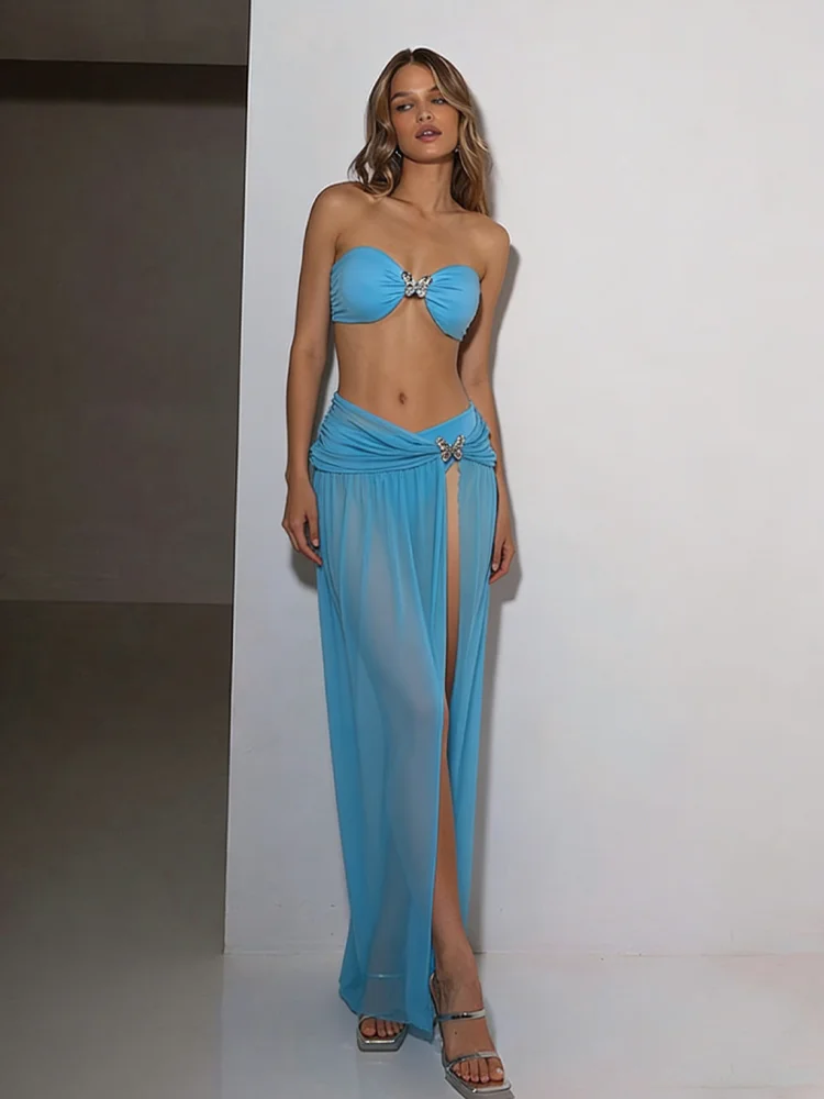 

Whatiwear Sexy Wild 3 Piece Set Women Metal Buckle Bow Bra+Shorts+Mesh Ruched Slit See Through Skirts Party Vacation Clubwear