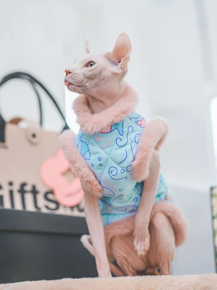 Soft Cotton Coat With Fur for Sphynx Cat Clothes Pink Sweatshirt for Kittens Sweet Costume Sleeves for Female Cats in Winter