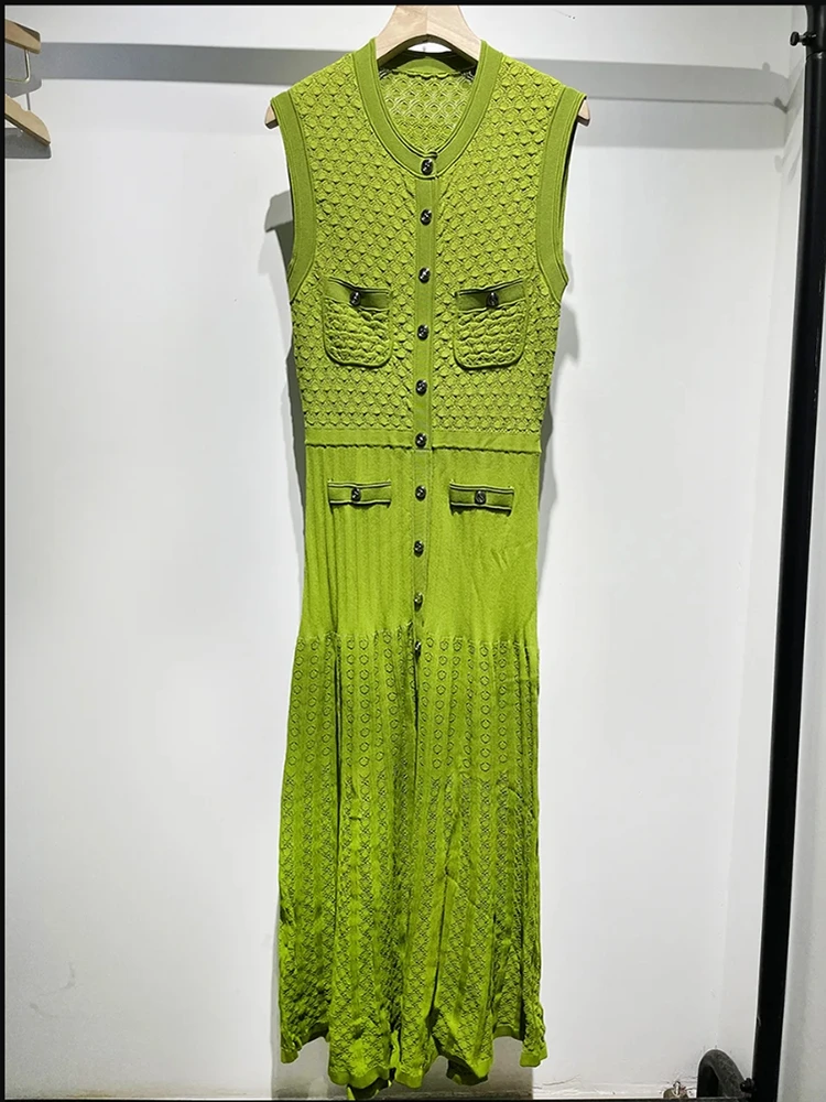 

2025 Elegant Summer Green Hollow Out Knitting Dress New Women Single Breasted Sleeveless Thin Slim Elastic Long Dresses