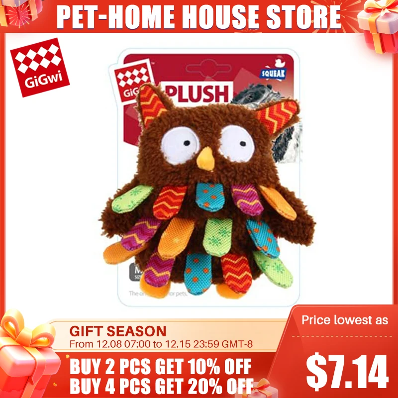 GiGwi Pet Toys Plush Friends Series Cute Owl Dinosaur Lion Fleece Toys for Dog Puppy Cat Canvas Plush Squeak Interactive Toys