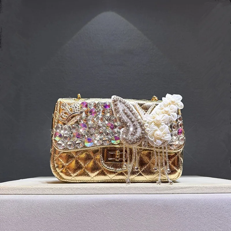 

2025 Luxury Classic High-end Diamond Lattice Evening Clutch Bag Women Handmade 3D Butterfly Pearl Rhombus Handbag Shoulder Bag