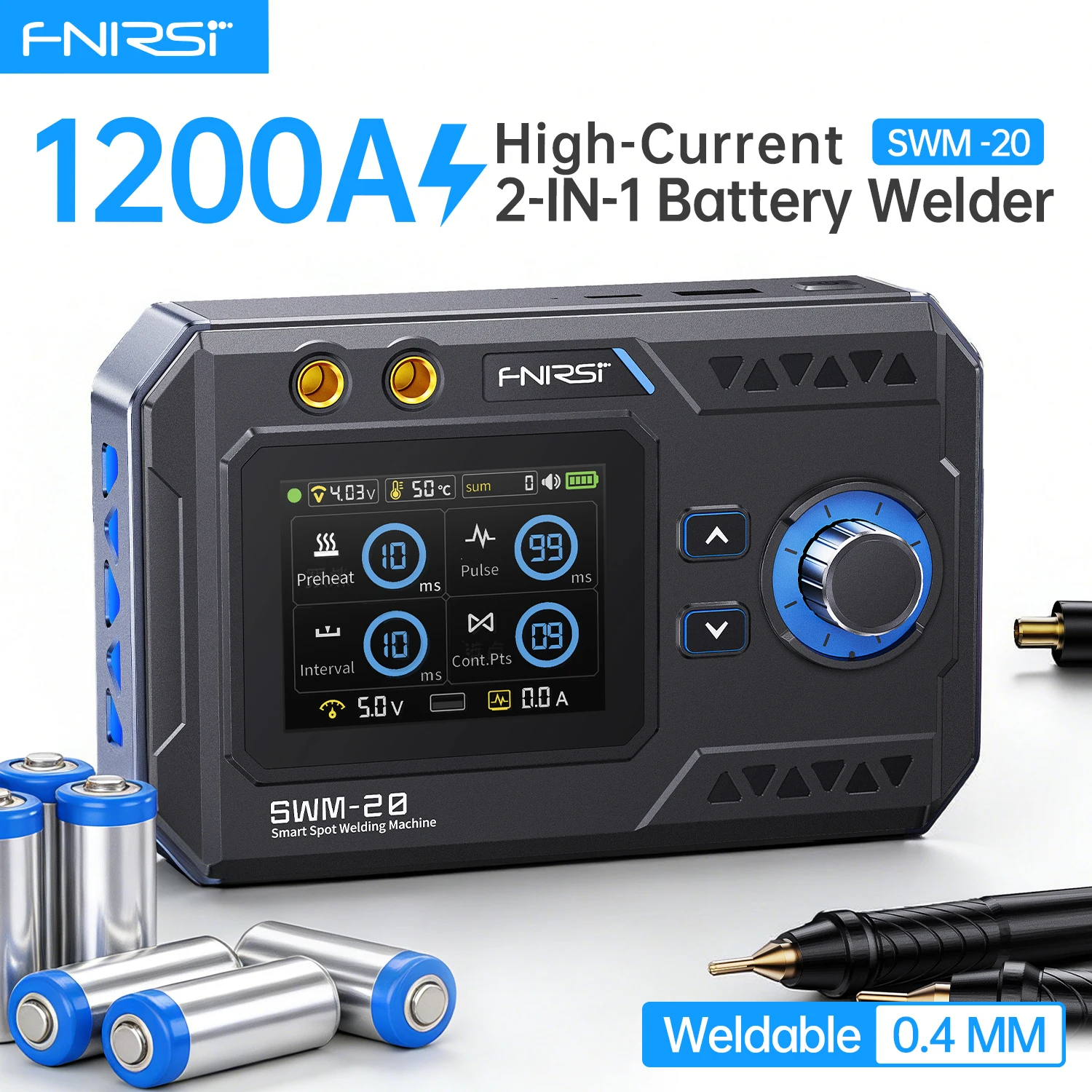 FNIRSI SWM-20 Handgehaltenes Elektrowerkzeug 1200A Doppelpuls-Ausgang für 0,1-0,4mm Metallstreifen DIY-Set 5000mAh Akku USB-C Aufladung