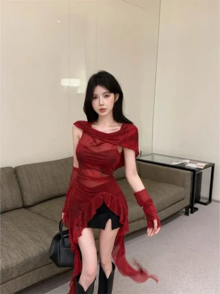 Y2k الكشكشة المرقعة هوديي سترة تي شيرت للنساء خمر الأحمر قاع القمم Mujer مثير غير النظامية سليم صالح