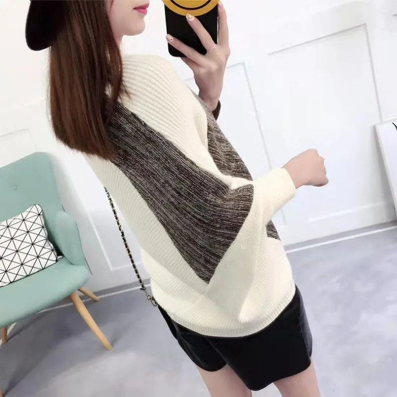 NewFair/Winter Pullover Bat Shirt Sweaters Women Outside Wear Color Matching Loose Round Neck Knit Student Sleeve Bottom Shirt