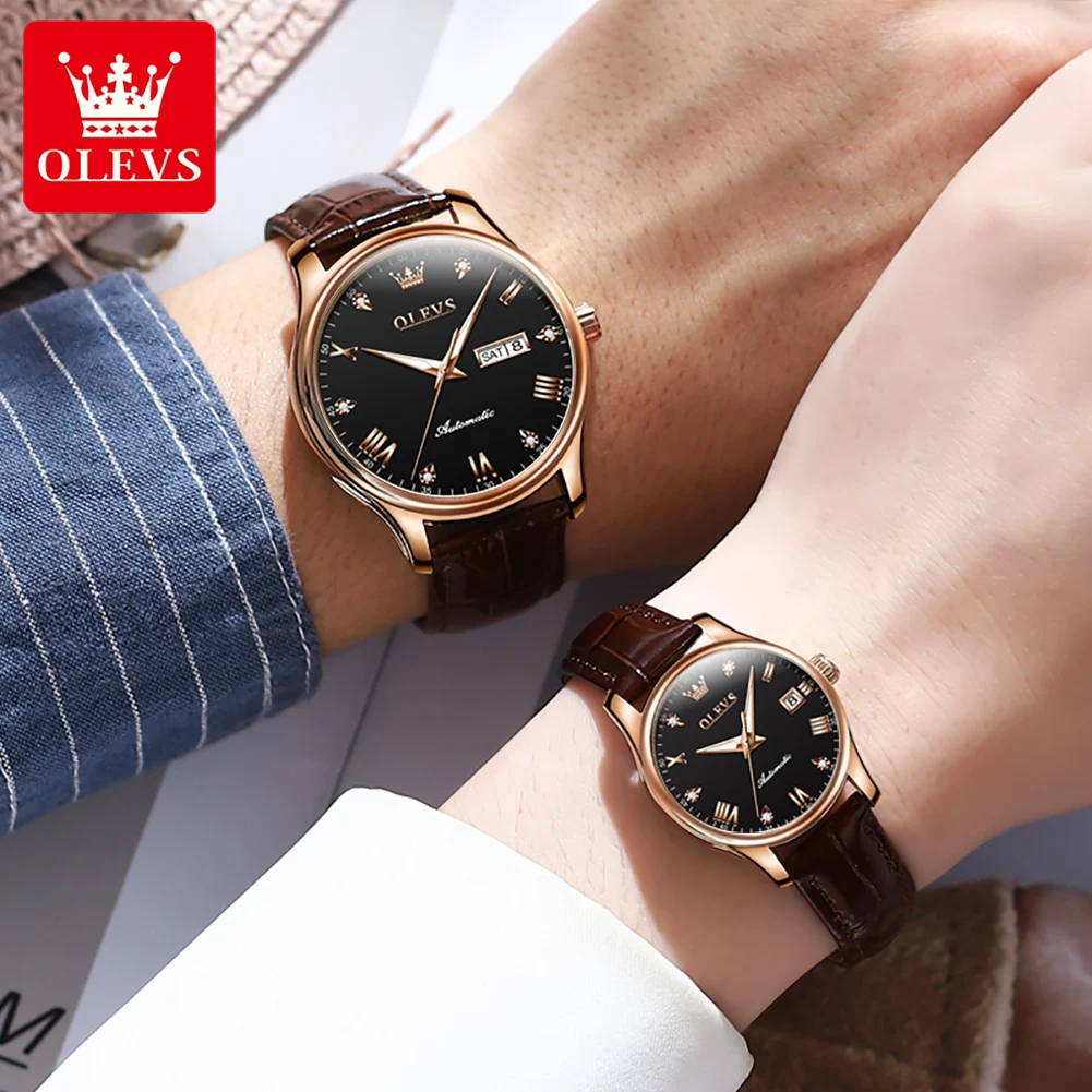OLEVS 9932 Top Brand Luxury Automatic Mechanical Watch Date Waterproof Leather Male Female Couple Watch Lover Gift His Her Watch