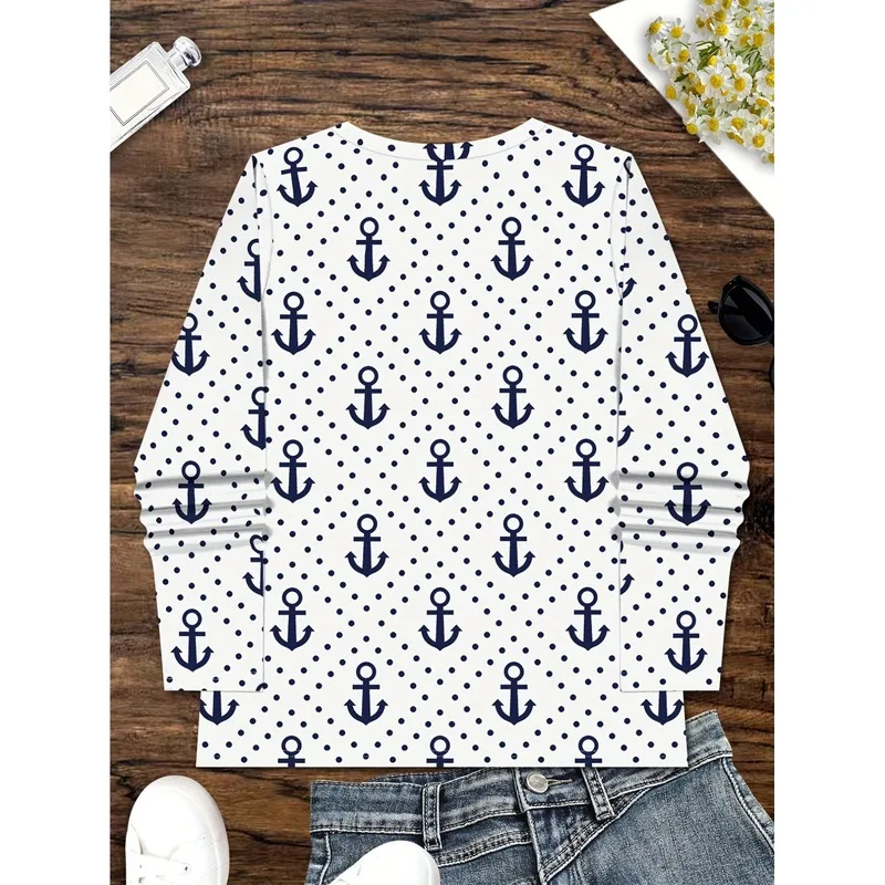Plus Size Casual Elegant Vacation Fashion Abstract Painting Polka Dot Anchor Graphic Full Print Breathable V Neck Long Sleeve
