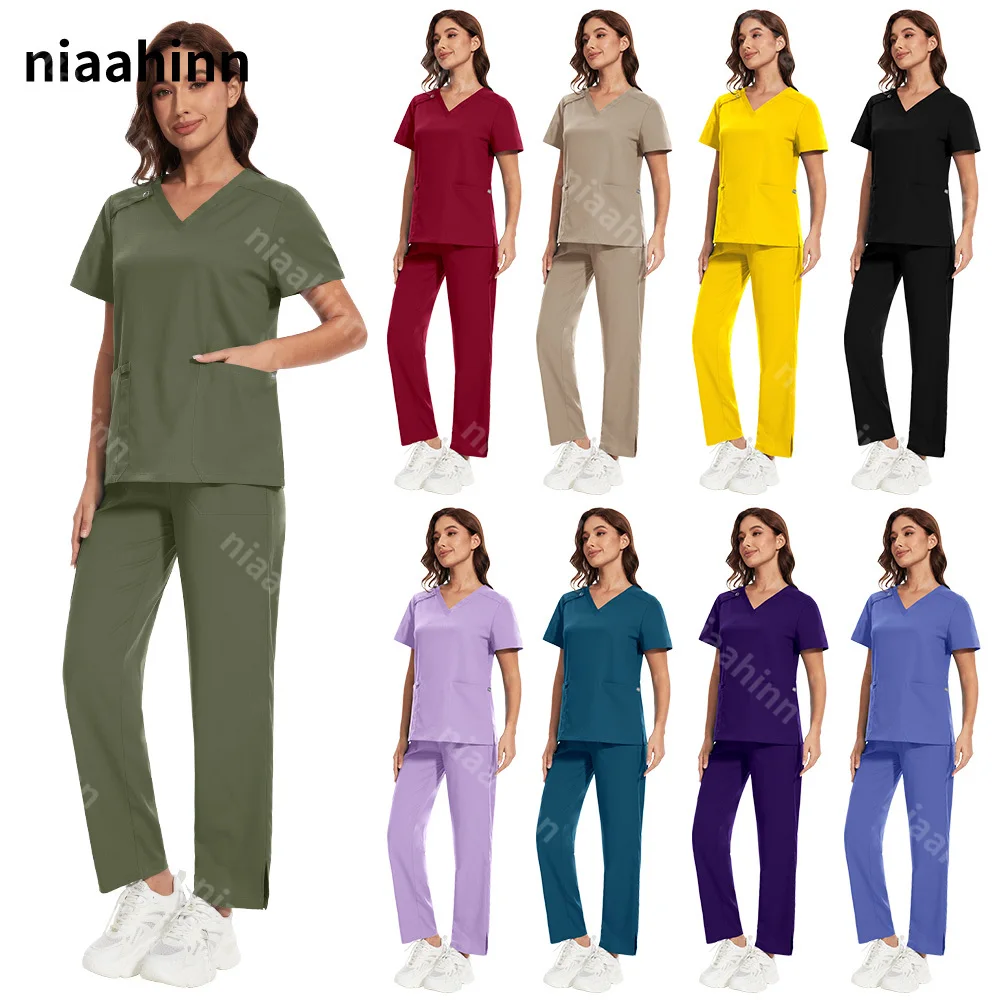 Niaahinn Hospital Doctor Surgical Uniforms Women Wholesale Casual Short Sleeved V-neck Surgery Suit Nurse Pharmacy Work Uniforms