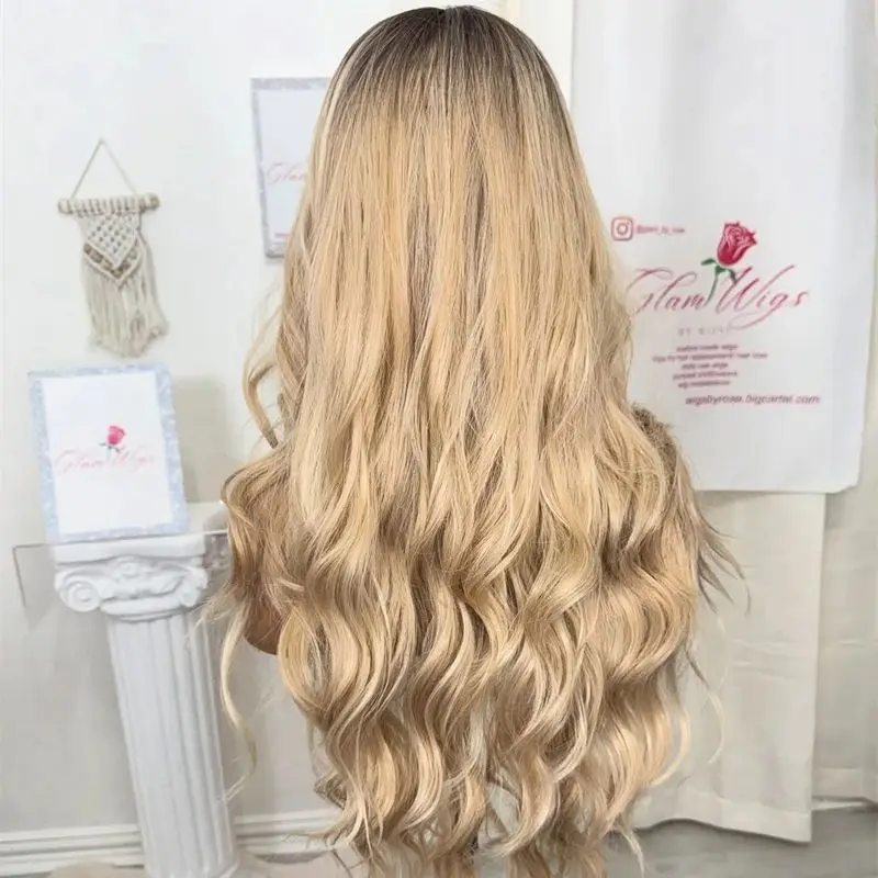 المرأة شعر مستعار رخيصة طويلة شعر مستعار أشقر أومبير الذهبي شقراء Balayage الدانتيل شعر مستعار أمامي مع الانفجارات مقاومة للحرارة شعر مستعار اصطناعي للاستخدام اليومي #3