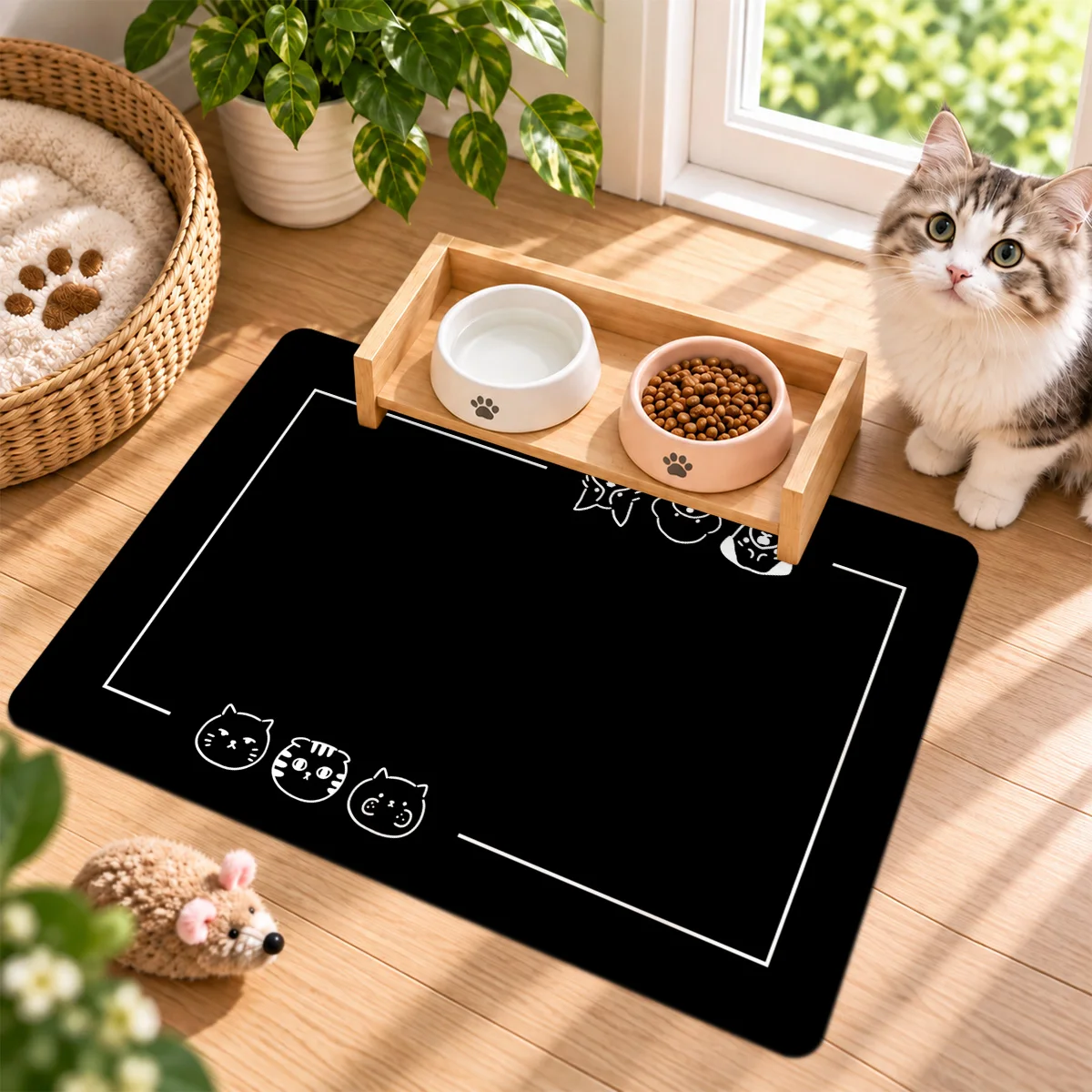 Black White Line Art Cat Face Print Pet Feeding Mat, Stylish Decor Pet Bowl Placemat for Indoor Pet Feeding Spot