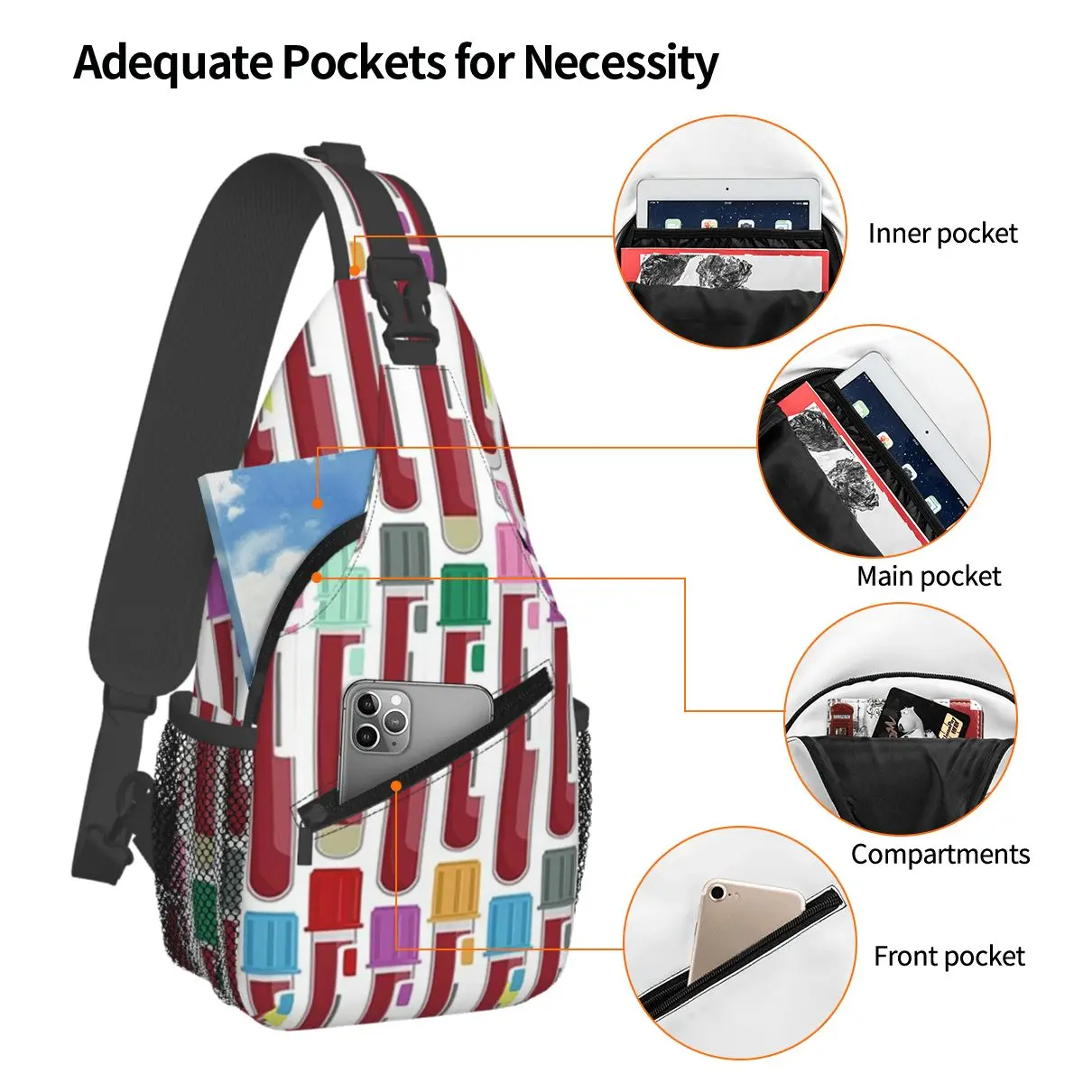 Phlebotomy Blood Tubes Chest Bag Men Sling Crossbody Backpack Chest Bag Traveling Hiking Daypack Shoulder Bag