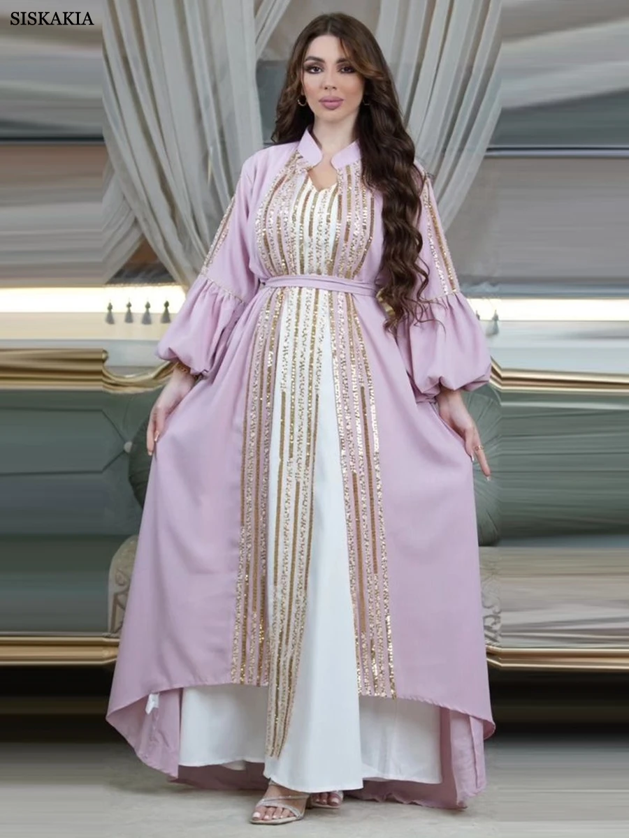 Siskakia Fashion Arab Muslim Party Long Dress Abaya Female 2 Piece Set Belt Sequins Puff Sleeve Maxi Moroccan Women Clothing