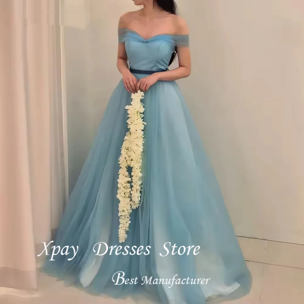 

XPAY Fairy Blue Off the Shoulder Tulle Evening Dresses For Wedding Party Floor-Length Prom Gowns Photo shoot Corset/Zipper Back