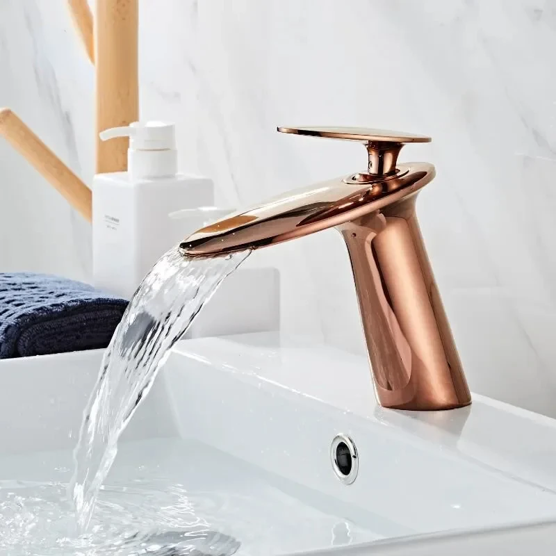 

Basin Faucet Solid Brass Rose Gold Bathroom Cold And Hot Waterfall Mixer Sink Tap Single Handle Deck Mounted Tap