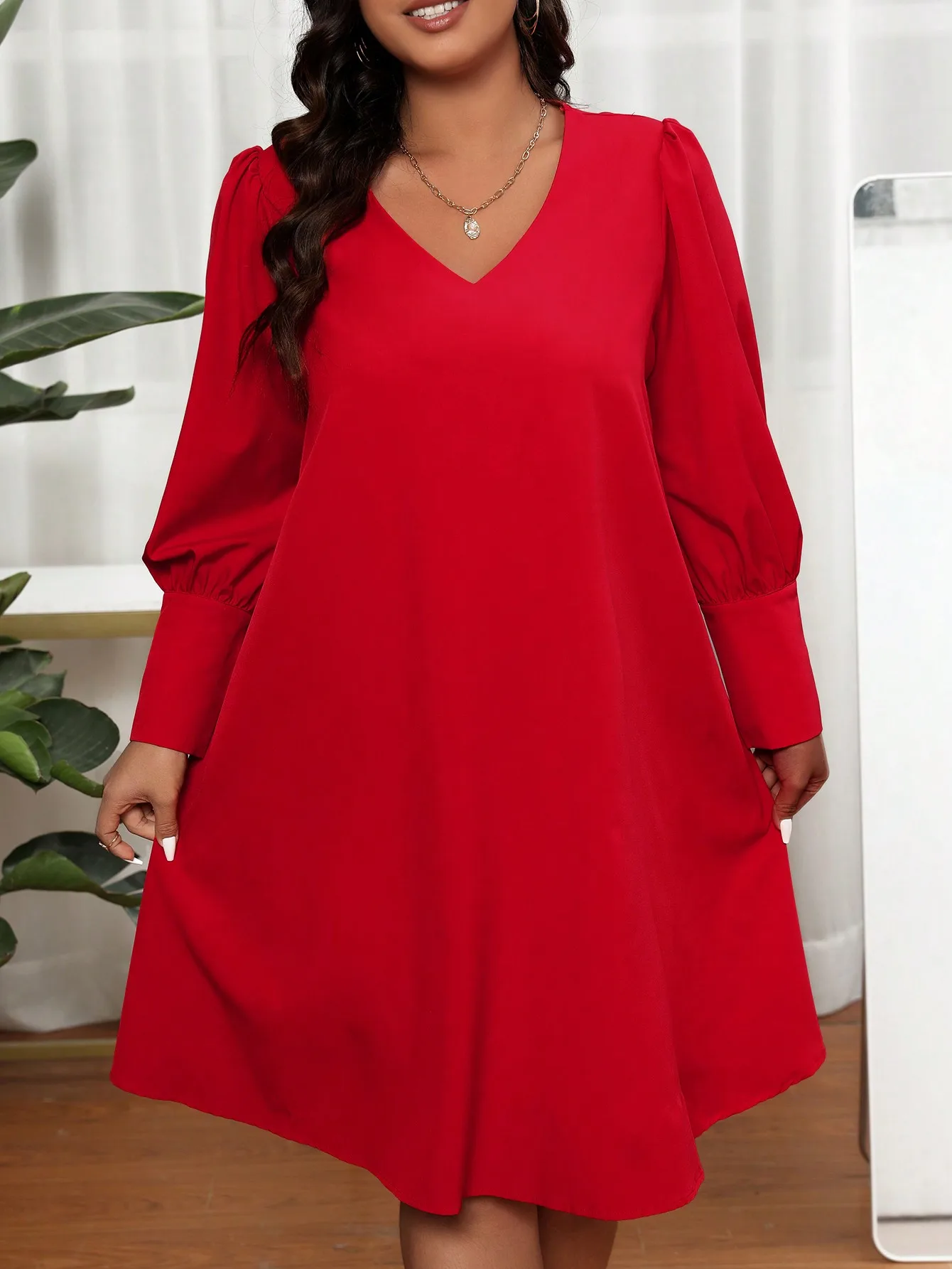 Women's Plus Size V Neck Lantern Sleeve Dress, Back Decor Button Loose Solid Color Elegant Party Midi Dress view 5