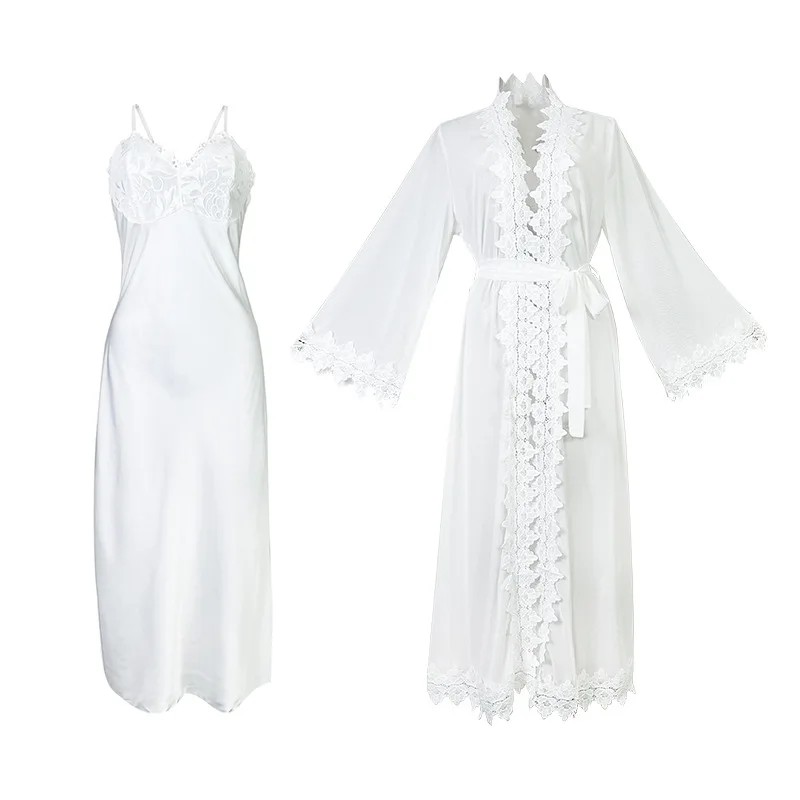 Women's Sexy Lace Robe Set Mesh See-through Long Robe With Camisole Dress Home Wear Casual Elegant Style Dress For Woman 7BXW