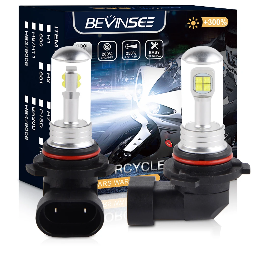 Bevinsee-bombillas LED antiniebla para faro delantero de coche, lámpara de conducción diurna DRL para motocicleta, tamaño halógeno, 9006 K, H4, H11,