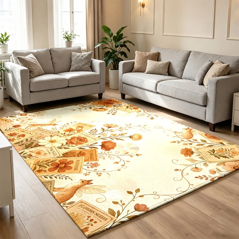 Vintage Postcard Floral Area Rug Retro Seed Packet Bird Flower Print Large Floor Mat for Living Room Antique Home Decor Area Rug