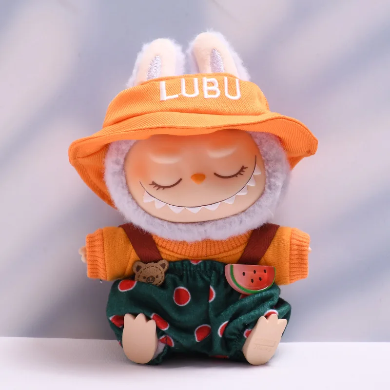 

Labubu Doll Clothes Yellow Hat Watermelon Print Overall 15/17cm Plush Doll'S Clothes Labubu I II Dolls Sitting Party Accessories