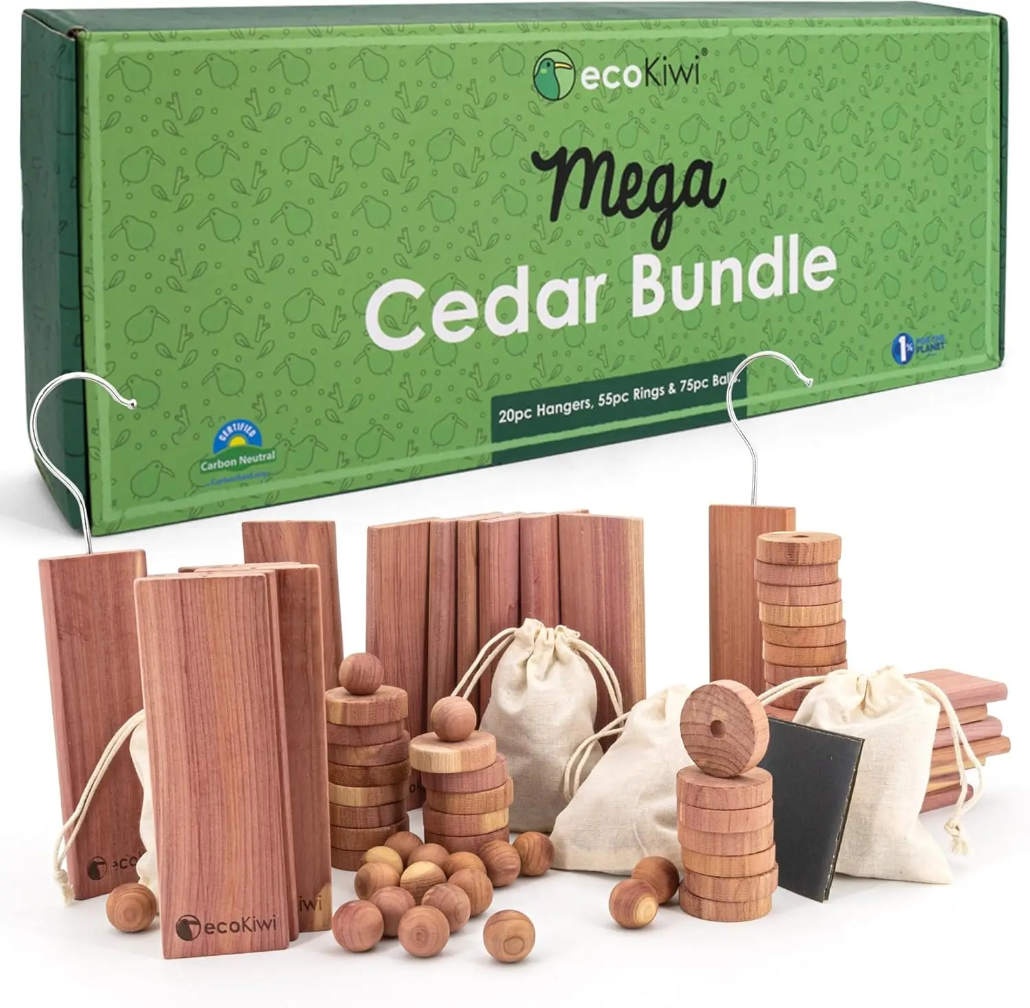 

Cedar Blocks for Clothes Storage Mega Bundle Box - Cedar Hangers x20, Balls x75 & Rings x55-100% Natural Oil Planks & Chips for