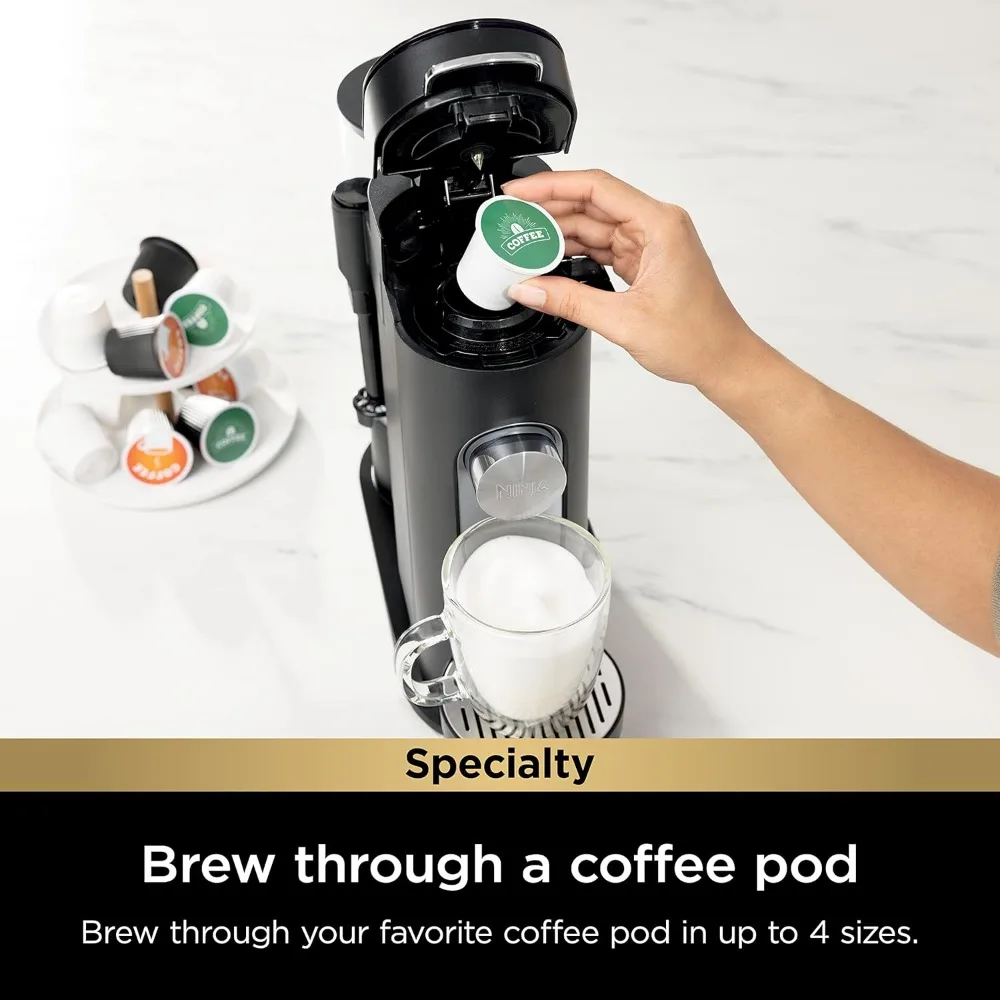 Especialidade Single-Serve Cafeteira, K-Cup Pod Compatível, Brews Grounds, Design Compacto, Built-In Leite Frother Máquina de Café