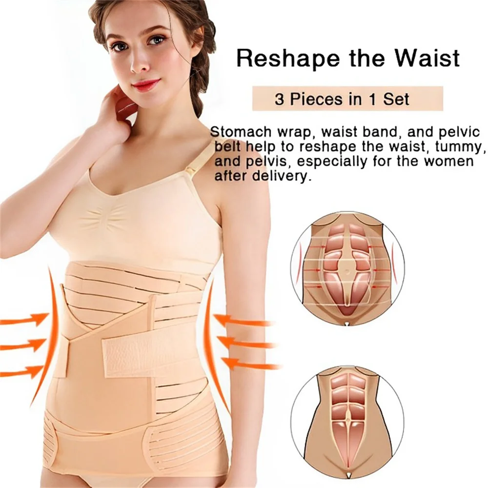 3 In 1 Shapewear Postpartum Belly Belt Tummy Band Girdles Corset Body Shaper Strap Postnatal C- Section Waist Trainer Pelvis Wra