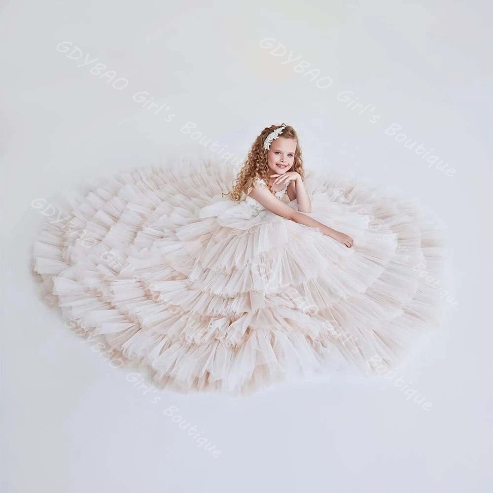 우아한 키즈 티어드 튤 생일 파티 성찬식 드레스 블러쉬 핑크 스트랩 플라워 걸 드레스 웨딩 시퀸 맞춤 제작